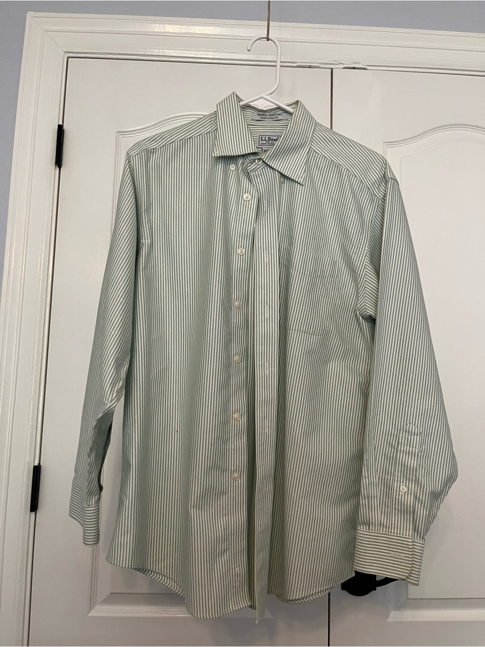 L.L. Bean Men’s Light Green and White Pinstripe Dress Shirt
